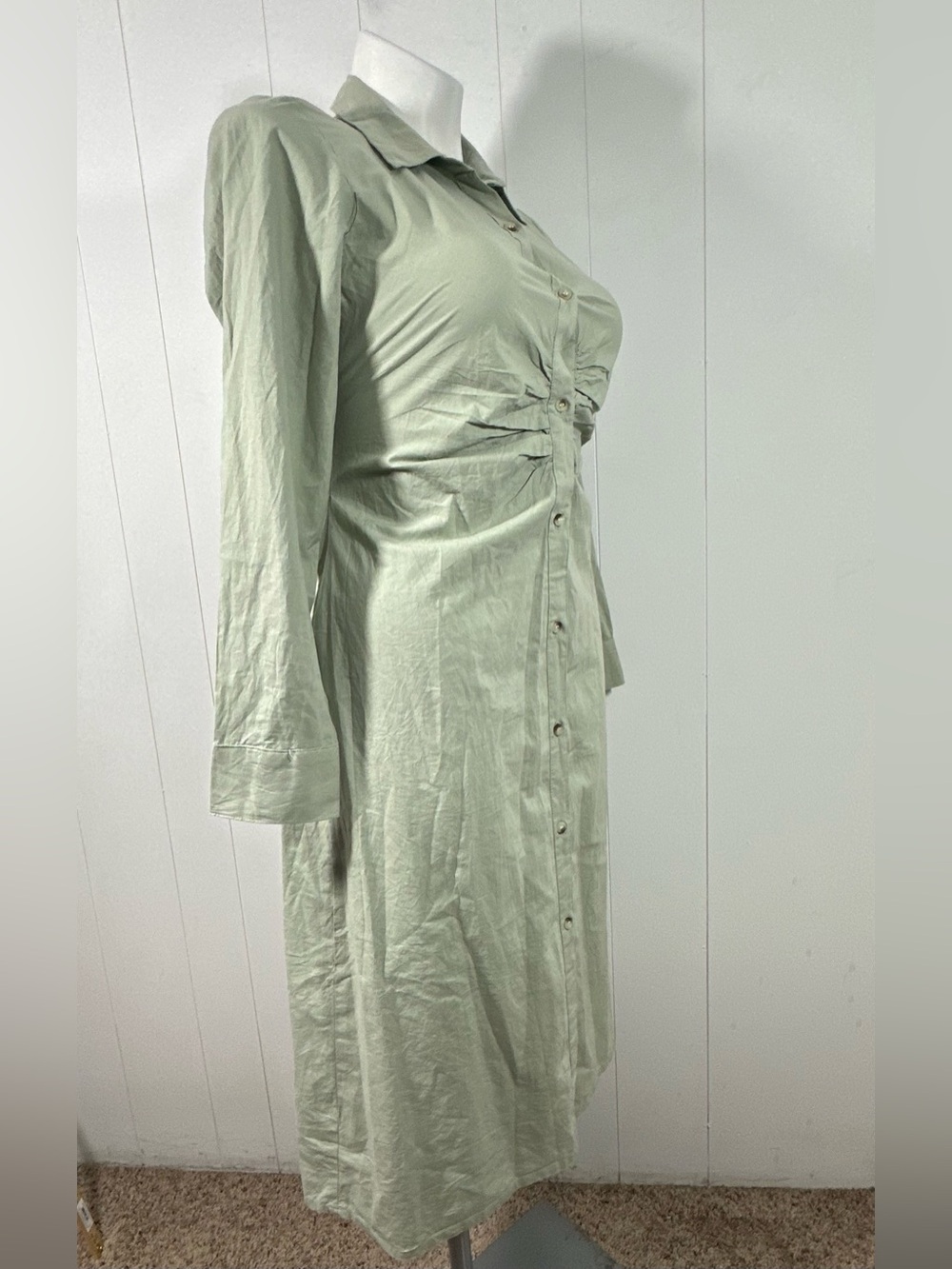 NEW Sim & Sam XL Dress 100% Cotton Midi Sage Green Long Sleeve Button Front - Picture 3 of 16